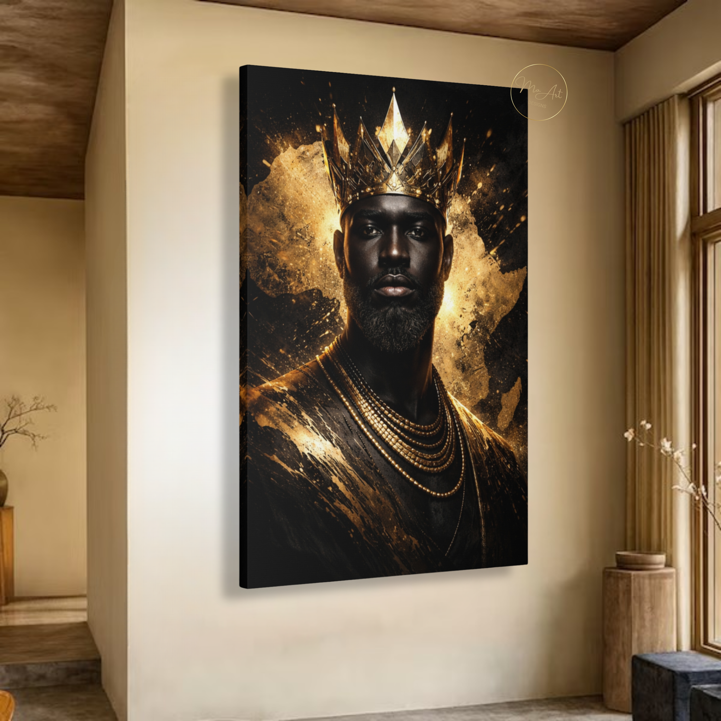 Black King Wall Art – African Royalty Gold Crown Canvas Print for Modern Luxury Decor