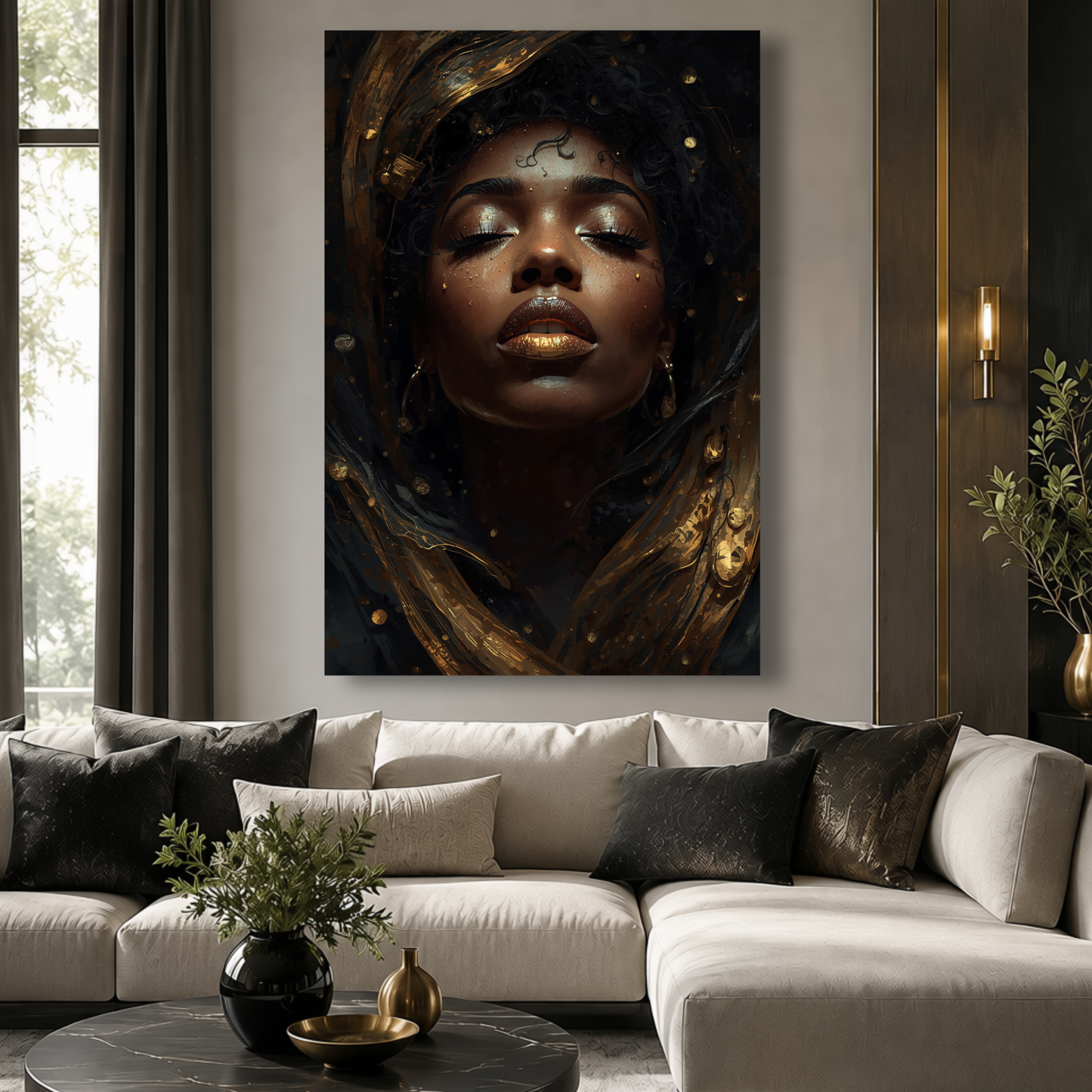 Black Woman Wall Art - Black & Gold Afrocentric Abstract Canvas Print