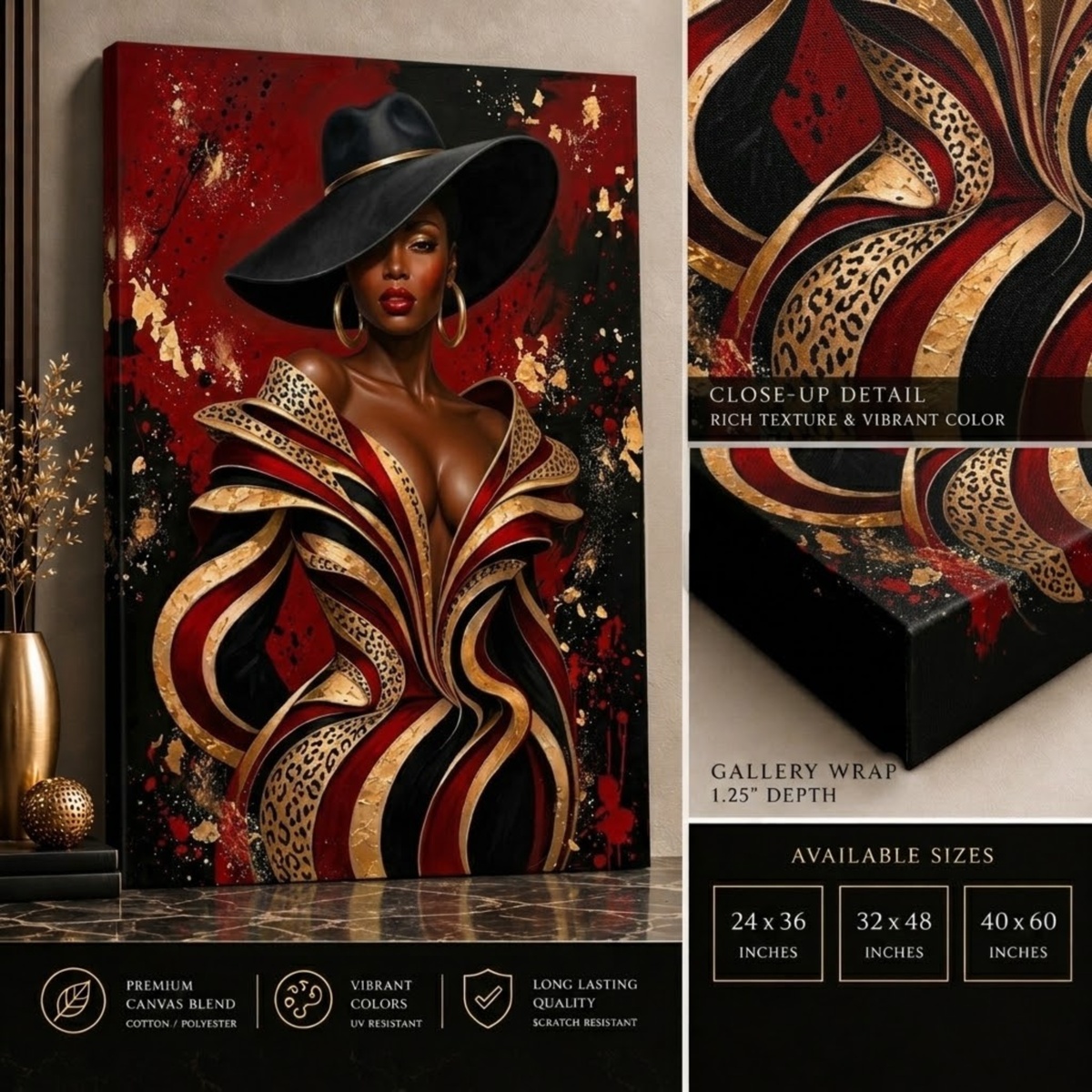 Black Woman Wall Art - Seductive Glamour | Red, Black & Gold Leopard Print Afrocentric Canvas Print