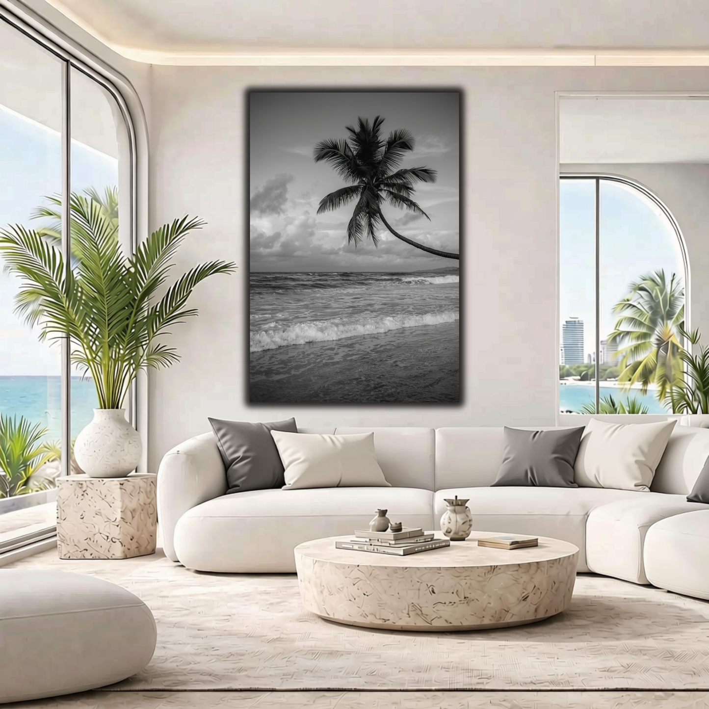Black & White Tropical Palm Tree Wall Art – Ocean Beach Canvas Print, Coastal Home Decor, Minimalist Photography
