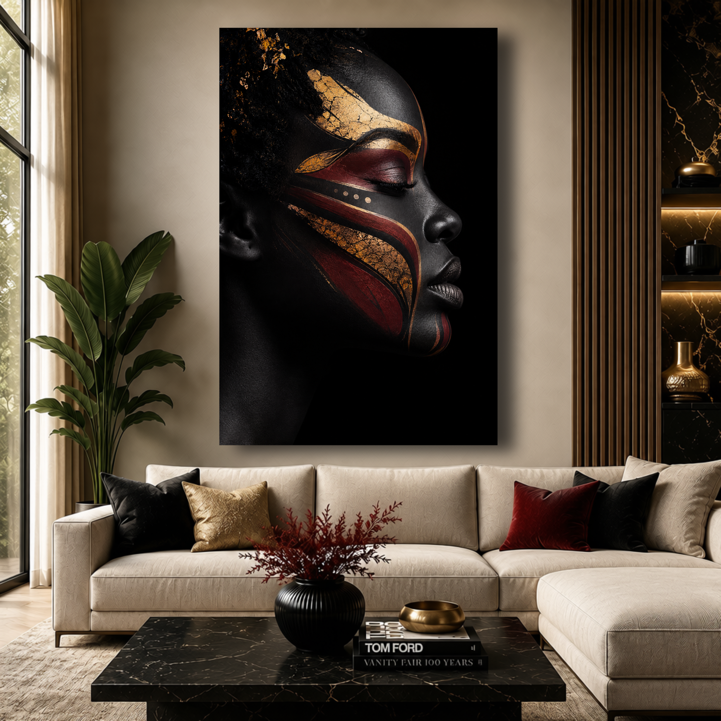 Black Woman Wall Art – Abstract Black, Gold & Burgundy Canvas Print | Luxury Afrocentric Wall Decor