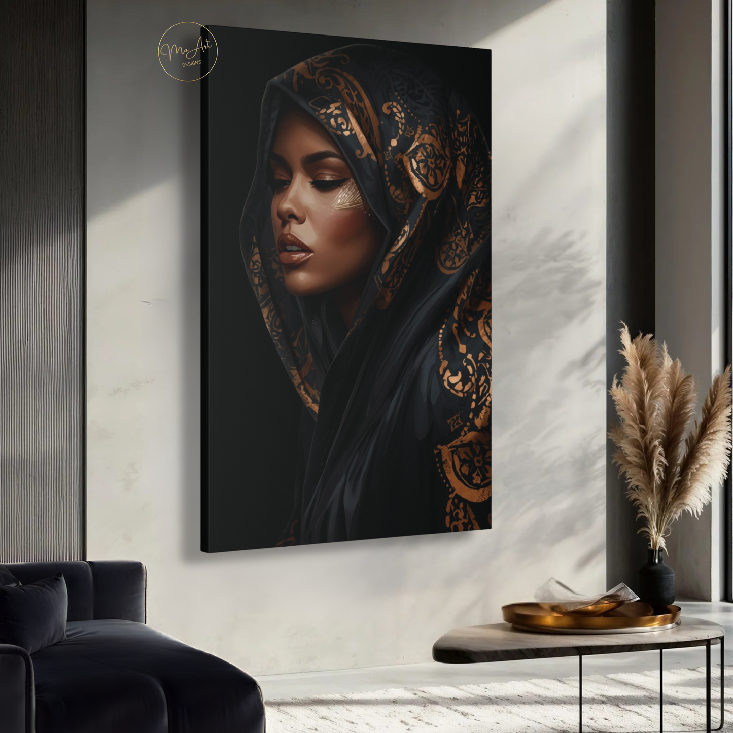 Black Woman Wall Art – Veiled Elegance | Black & Gold Luxury Afrocentric Canvas Print