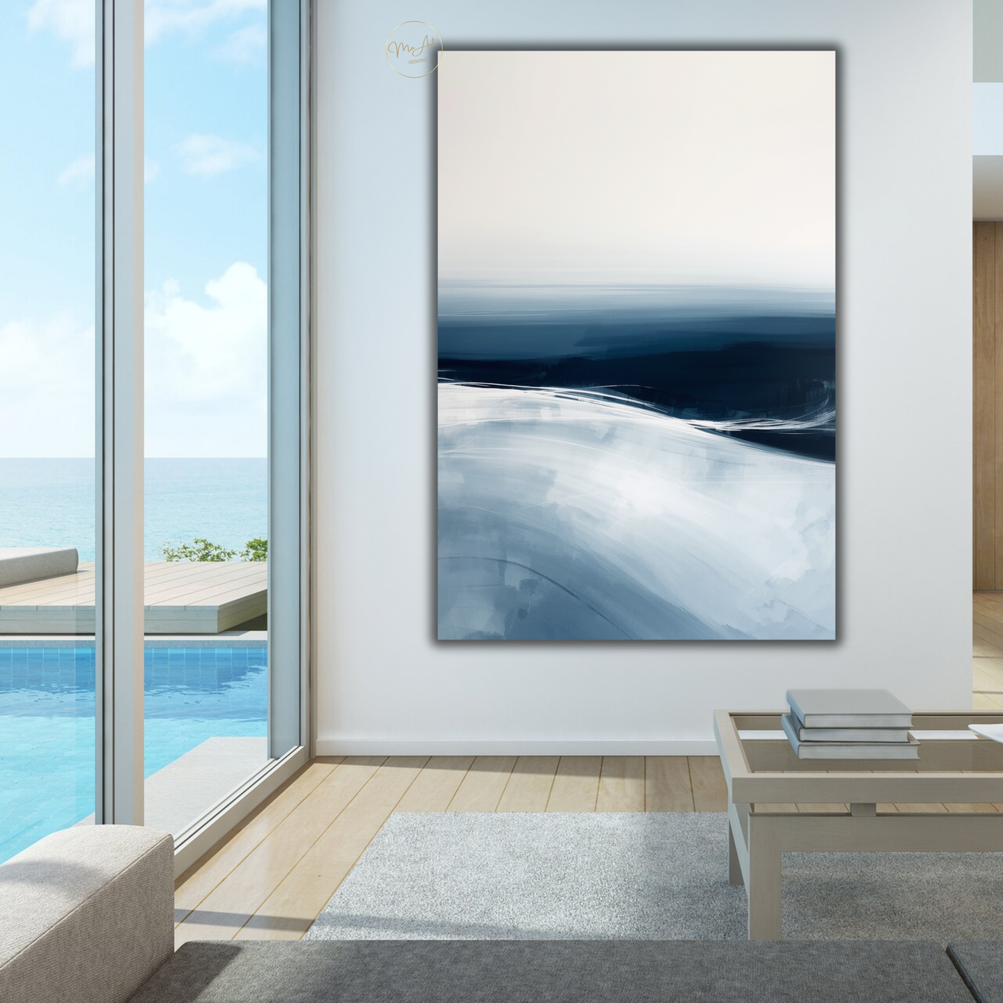 Blue Ocean Abstract Wall Art – Minimalist Coastal Canvas Print in Navy & White