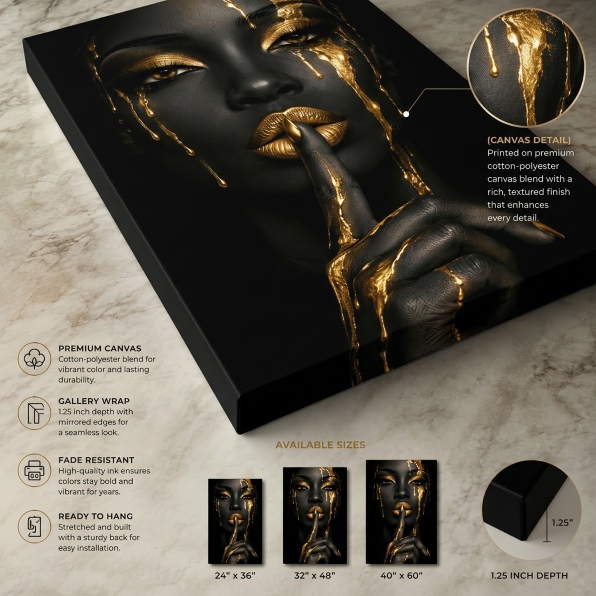 Black Woman Wall Art – Golden Whisper | Afrocentric Black & Gold Luxury Canvas Print