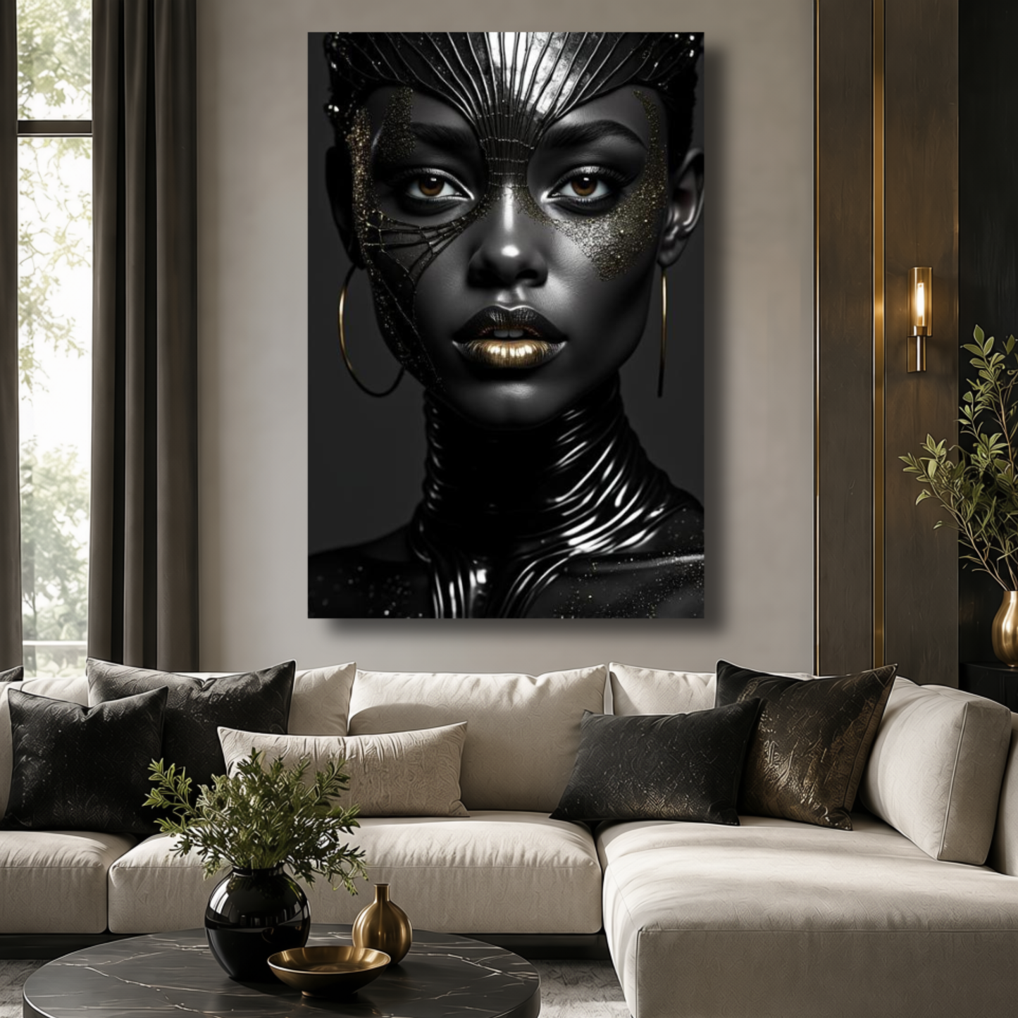 Black Woman Wall Art – High Fashion Afrocentric Gold & Black Canvas Print