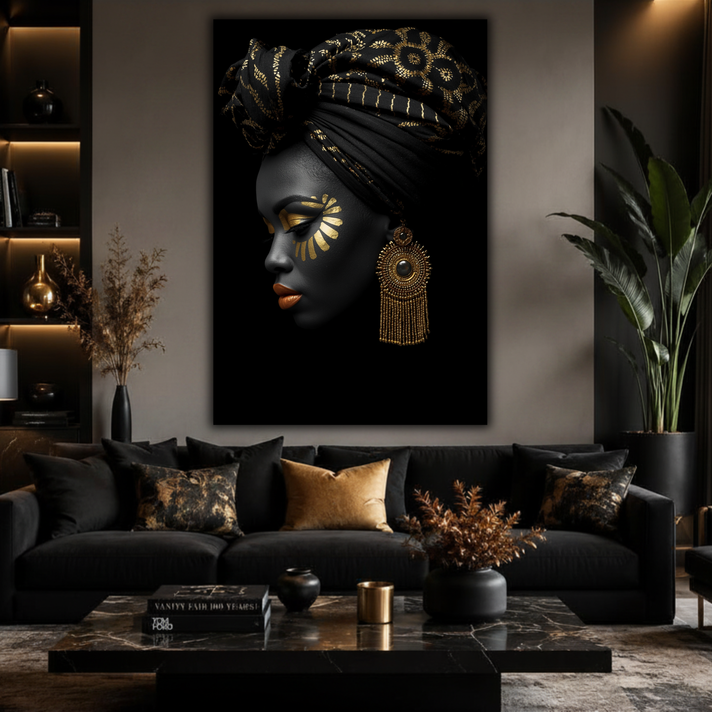 Black Woman Wall Art – Regal Radiance Black & Gold Canvas Print | Afrocentric Home Decor
