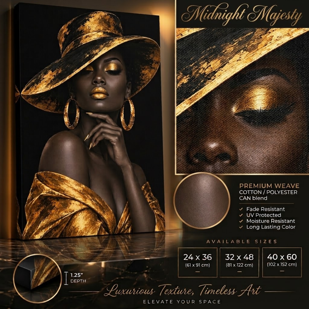 Black Woman Wall Art – Midnight Majesty | Black & Gold Afrocentric Luxury Canvas Print