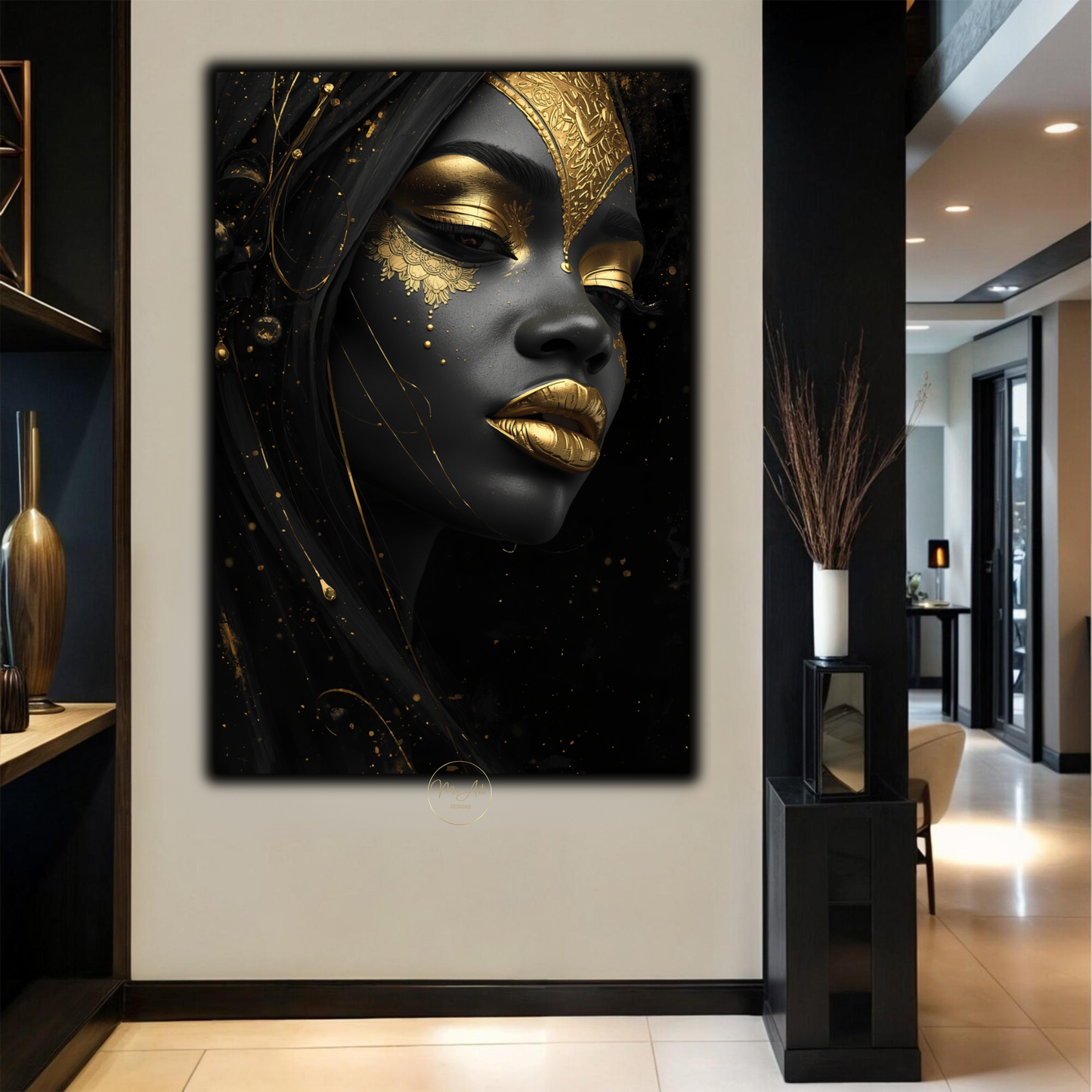 Black Woman Wall Art – Striking Gold & Black Beauty | Afrocentric Luxury Canvas Print