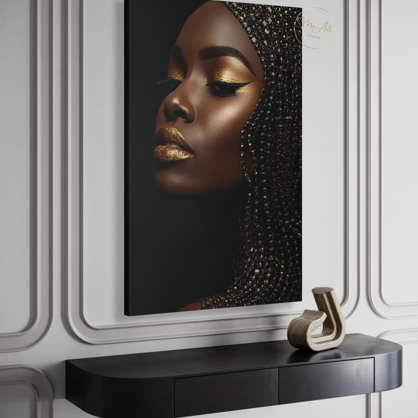 Black Woman Wall Art – Golden Radiance | Black & Gold Afrocentric Luxury Canvas Print
