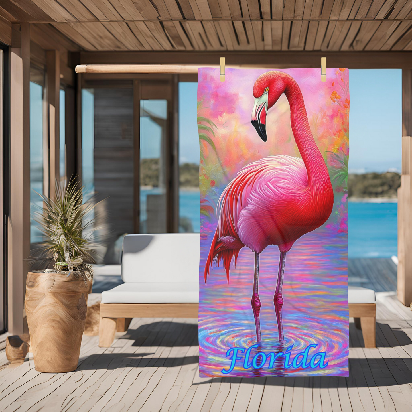 Colorful Pink Flamingo Florida - Beach Towel