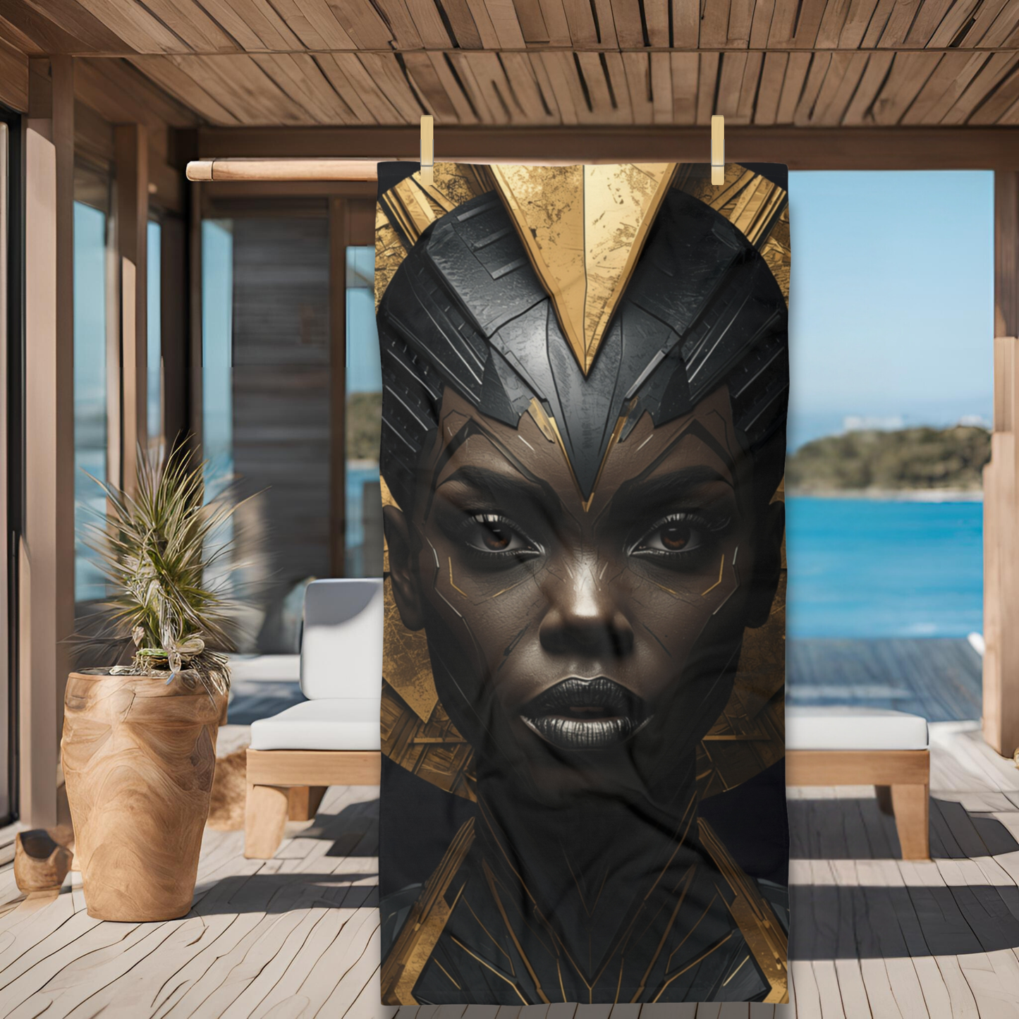 Black Woman Beach Towel / Bold African Warrior Goddess | Premium Black & Gold