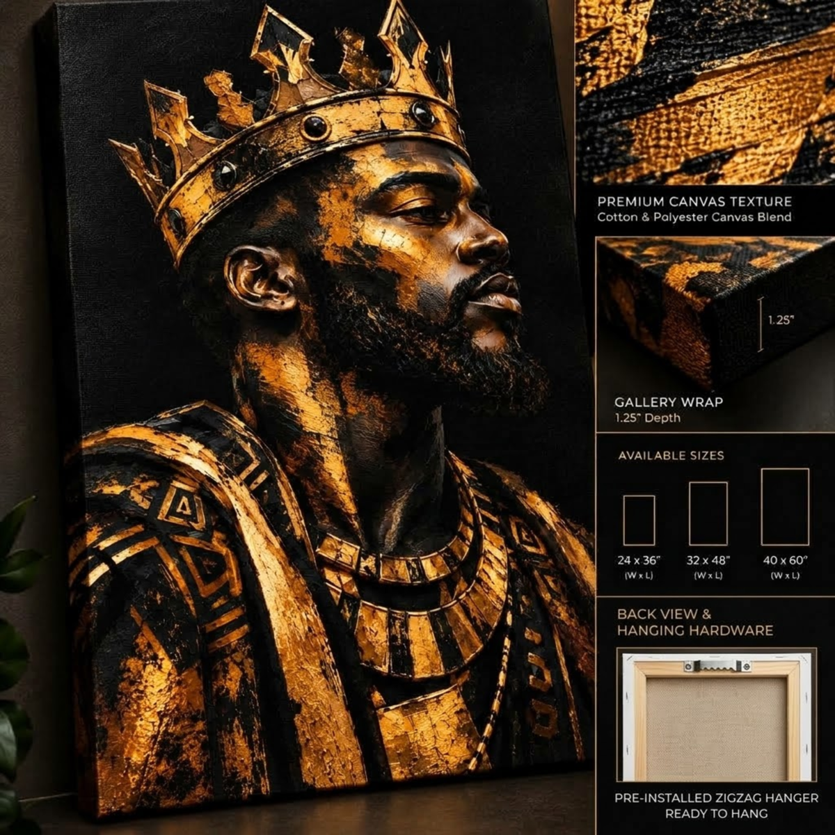Black Man Wall Art - Black & Gold Regal King Canvas Print | Afrocentric Home Decor