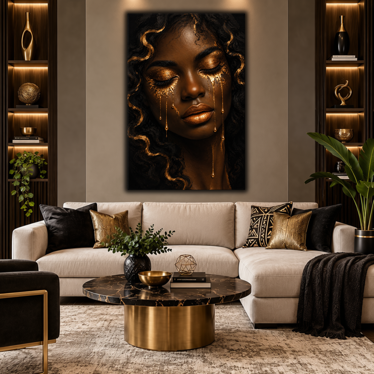 Black Woman Wall Art - Golden Tears Black & Gold Canvas Print | Afrocentric Home Decor