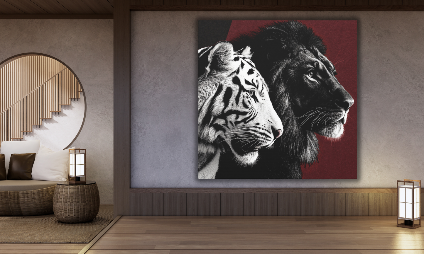 Black and White Lion and Tiger Heads Canvas Art