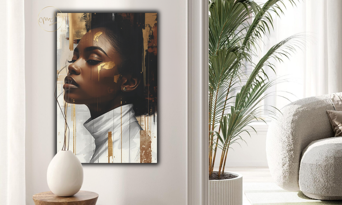 Abstract Black Woman Wall Art – White & Gold Elegance / Canvas Print