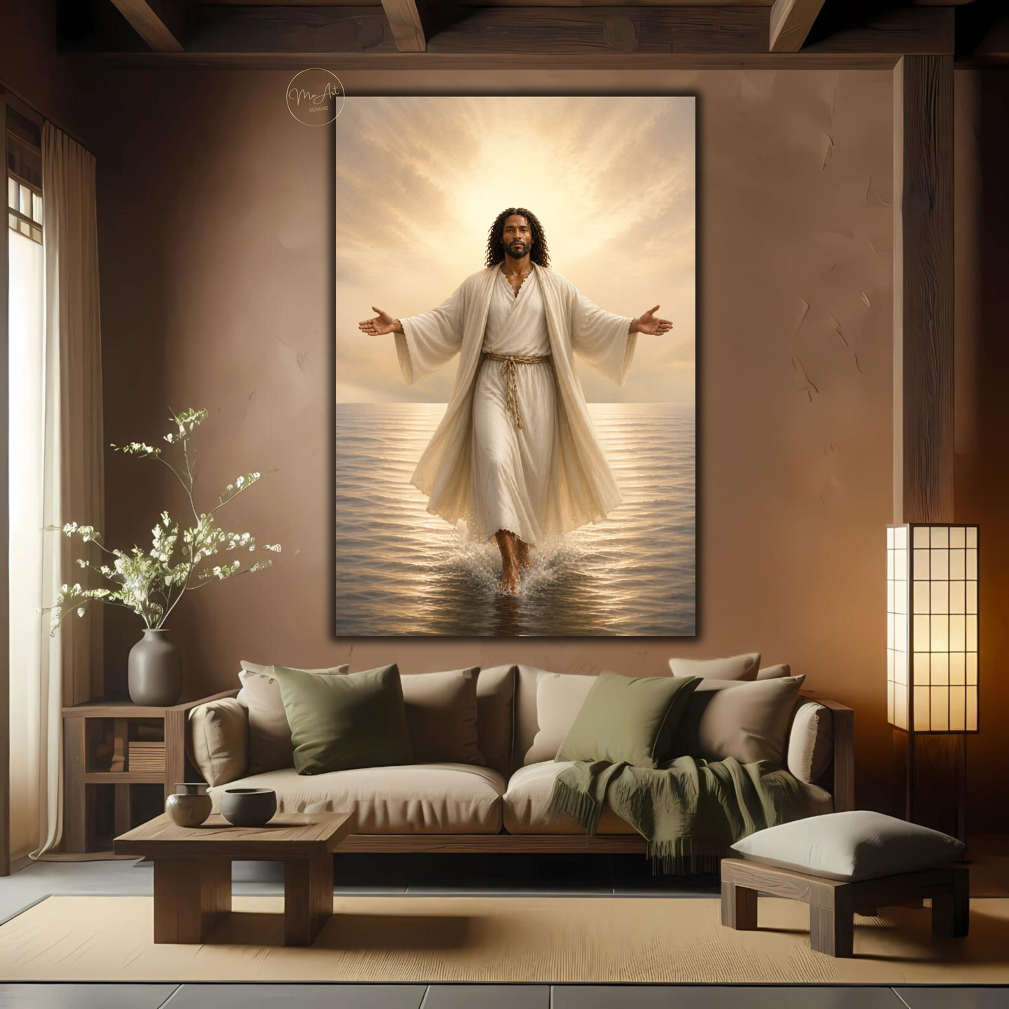 Black Jesus Wall Art - Jesus Walking on Water / Afrocentric Spiritual Canvas Print in Neutral Tones