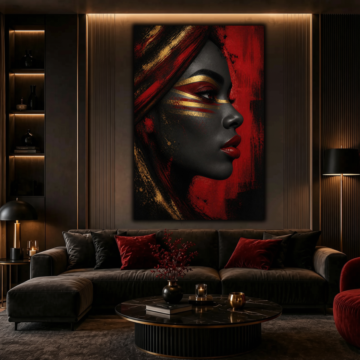 Black Woman Wall Art – Afrocentric Red, Black & Gold Portrait Canvas Print | Luxury Home Decor