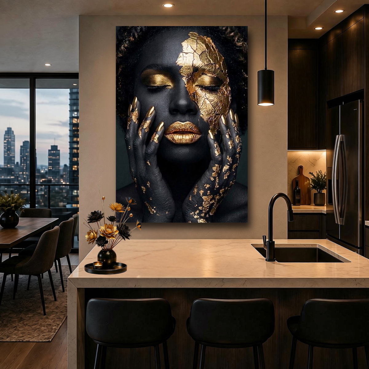 Black Woman Wall Art – Fractured Gold | Afrocentric Black & Gold Cracked Gold Leaf Canvas Print