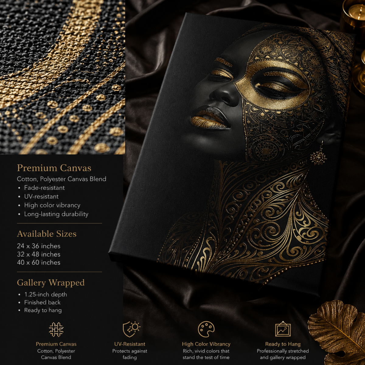 Black Woman Wall Art - Afrocentric Black & Gold Canvas Print | Luxury Home Decor