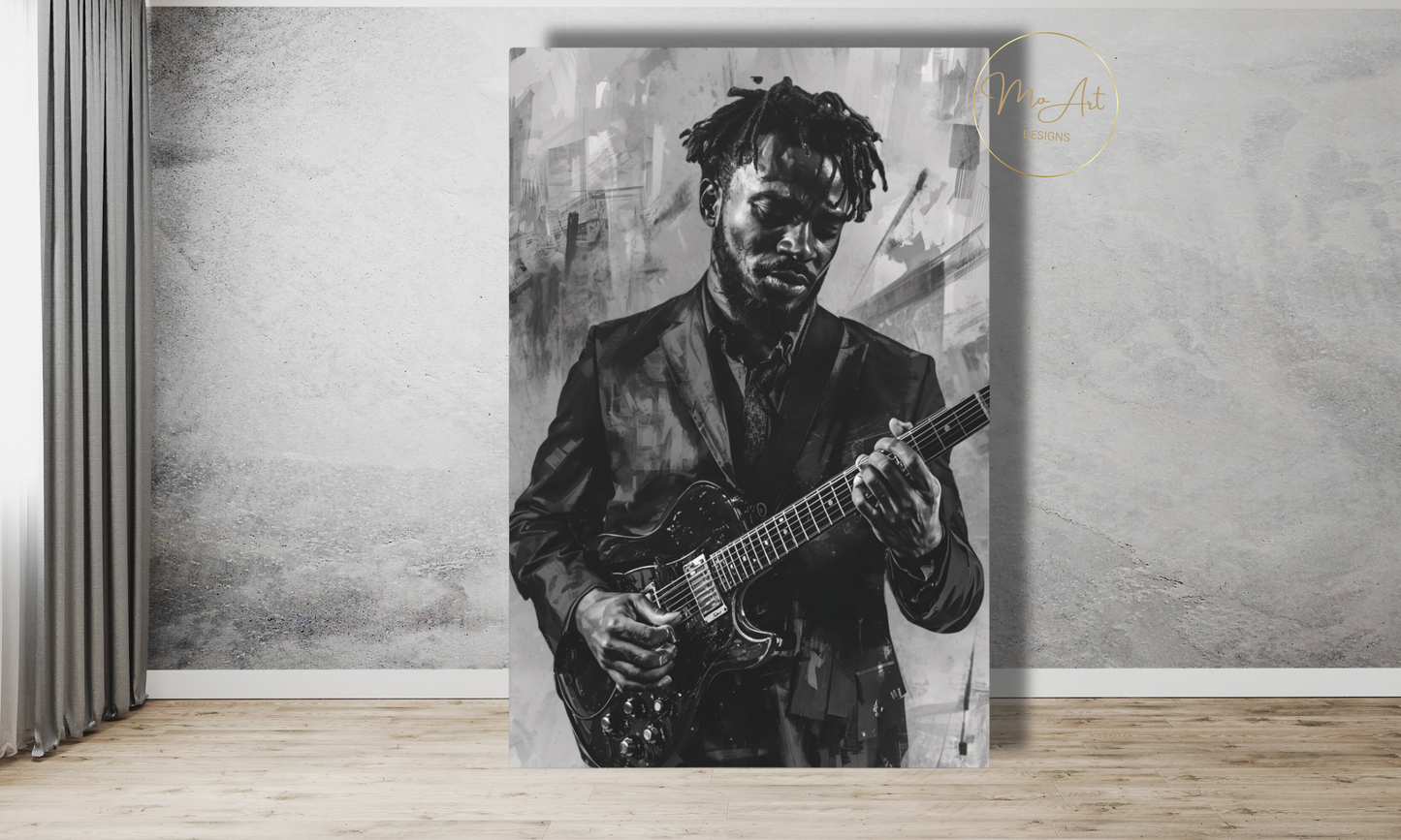 Soulful Strings - Black Guitarist - Canvas Wall Art