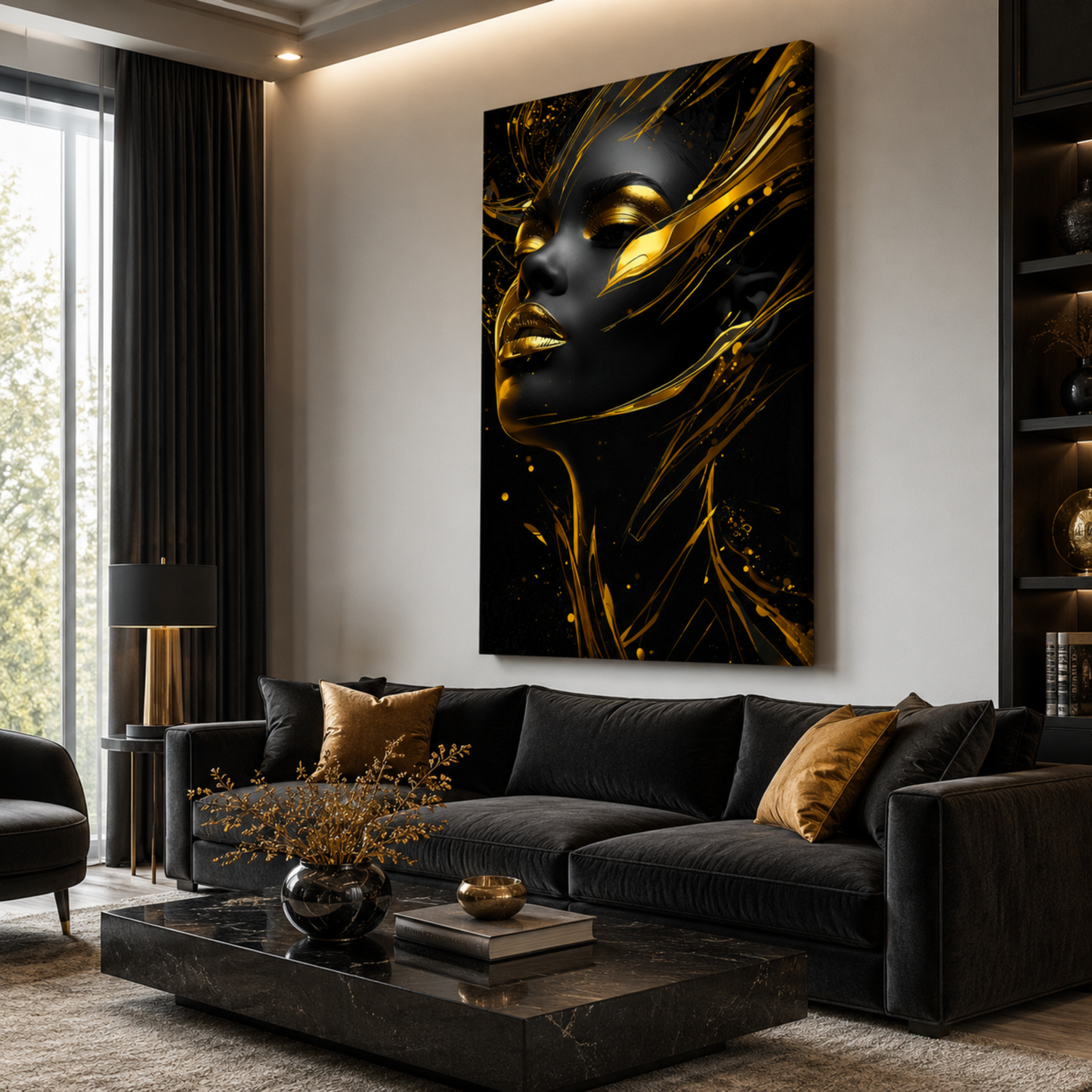 Black Woman Wall Art – Black & Gold Abstract Afrocentric Canvas Print | Luxury Modern African American Art Decor