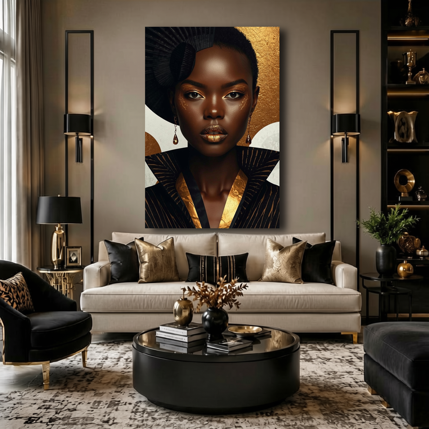 Black Woman Wall Art - Afrocentric Fashion in Black & Gold Canvas Print | Luxury African American Portrait Wall Decor