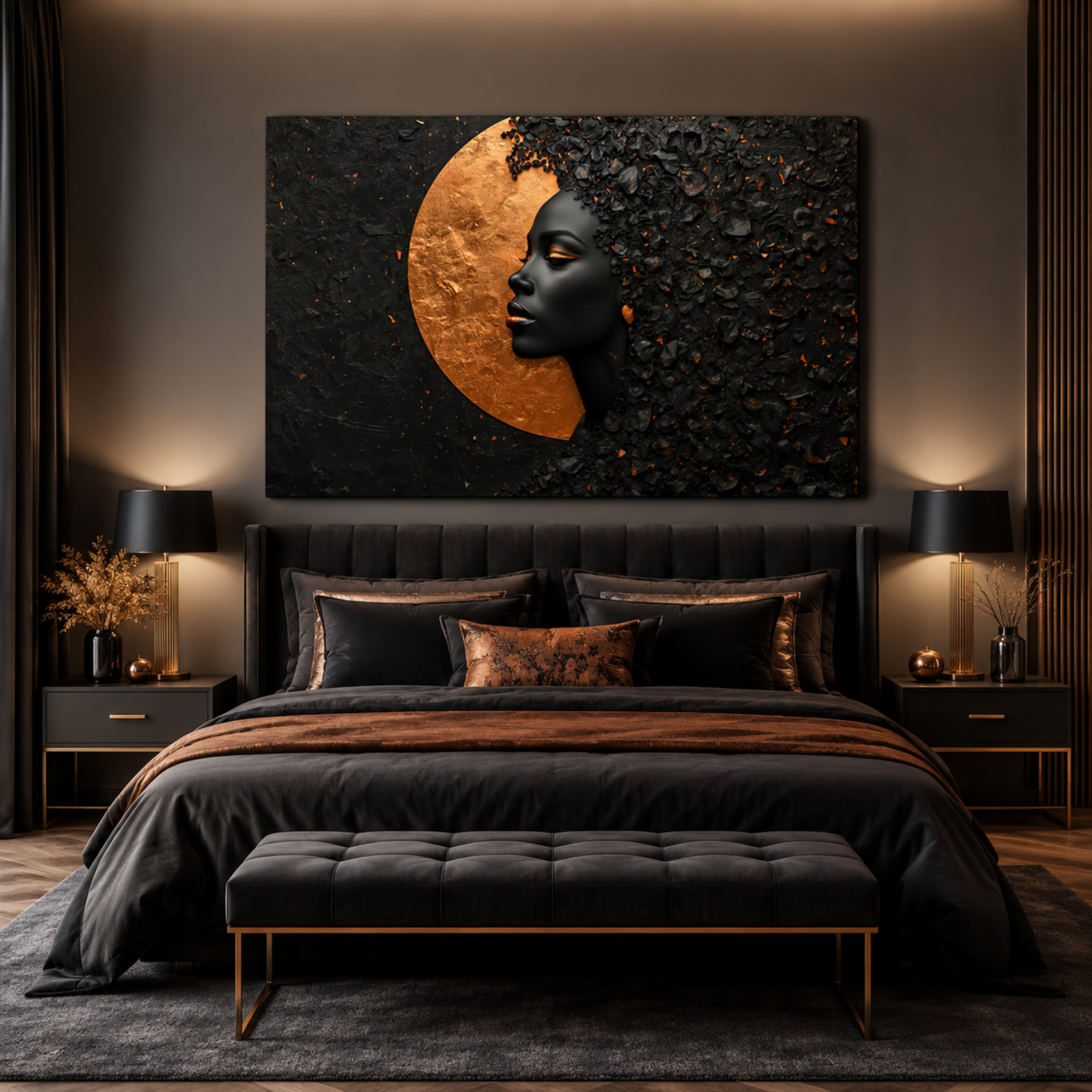 Black Woman Wall Art – Abstract Afrocentric Portrait in Black & Copper | Luxury African American Canvas Print