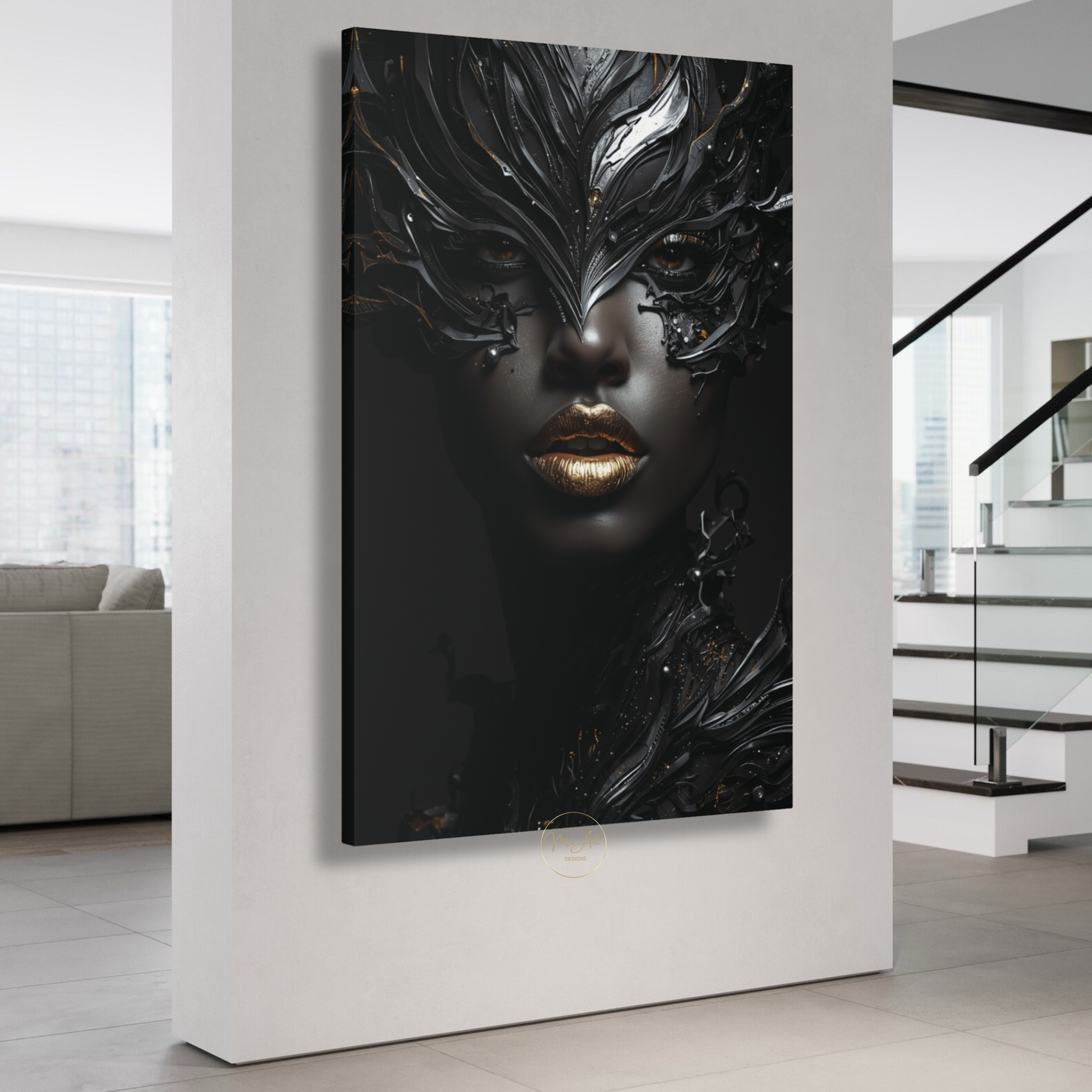 Afrocentric Black Woman Wall Art – Modern Black, Silver & Gold Abstract Canvas Print
