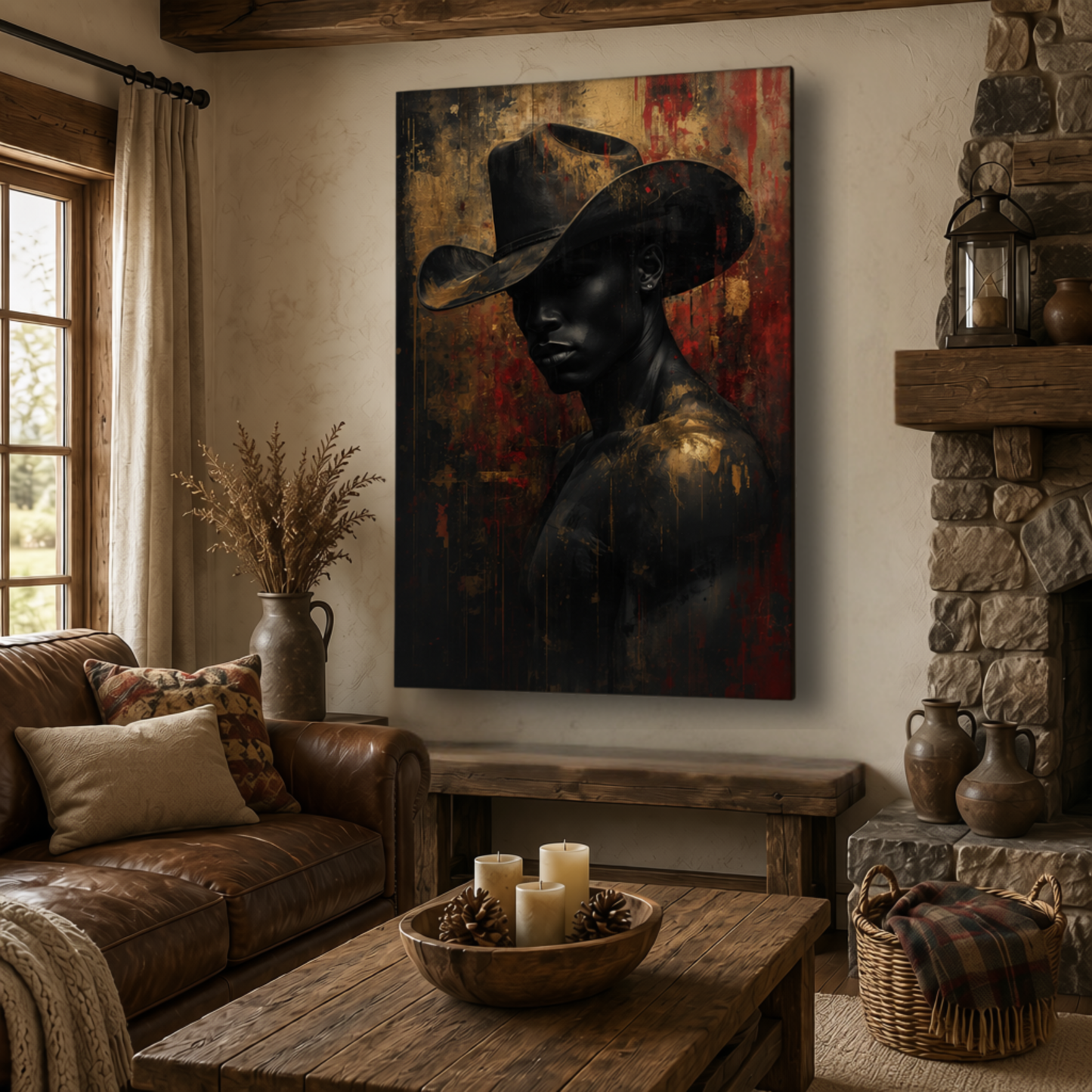 Black Man Wall Art – African American Cowboy Canvas Print | Abstract Black, Gold & Red Wall Art