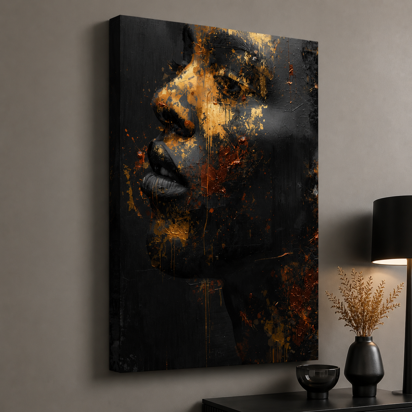 Black Man Wall Art – Black & Gold Abstract Masculine Canvas Print | Modern Luxury Afrocentric Decor
