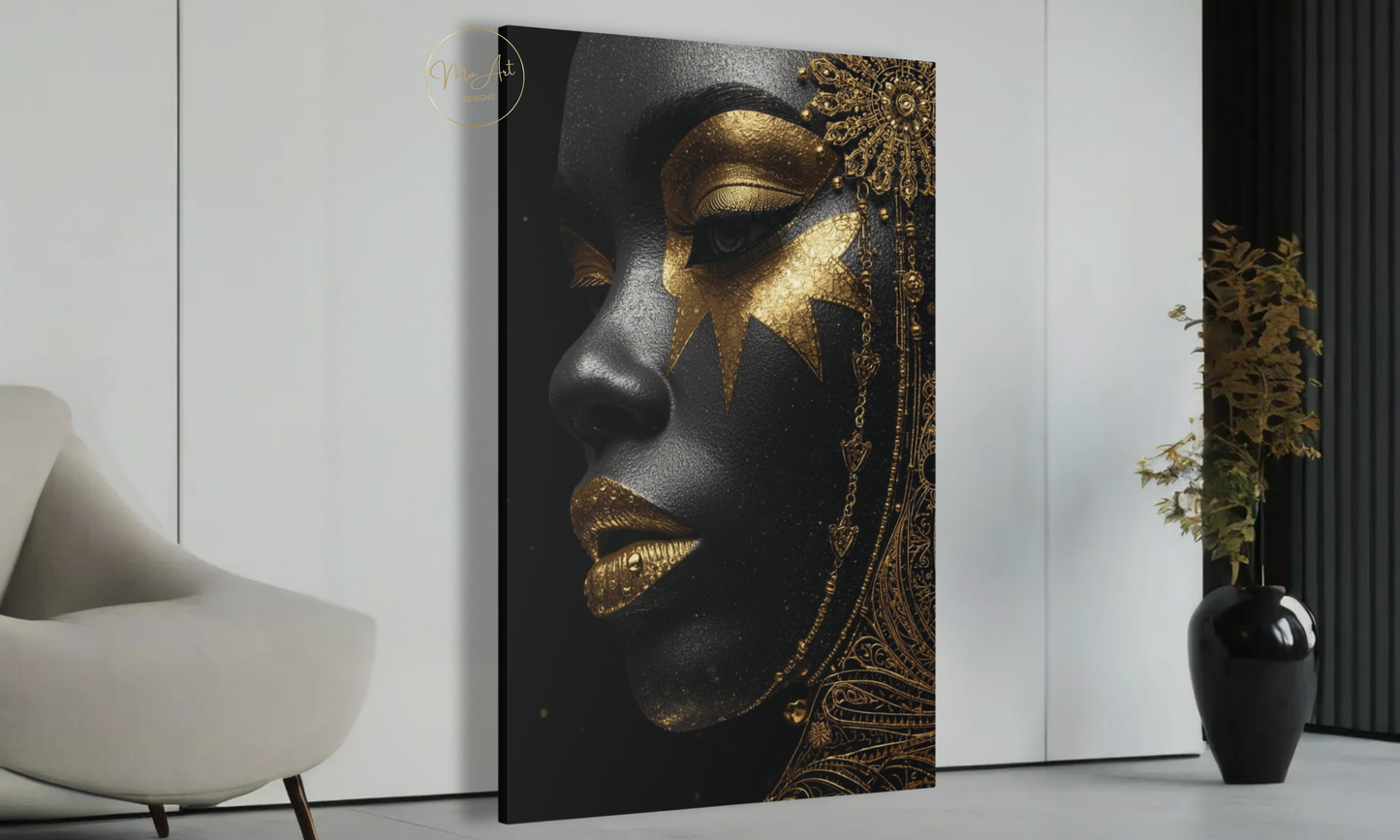 Black Woman Wall Art – Celestial Queen in Black & Gold / Canvas Print