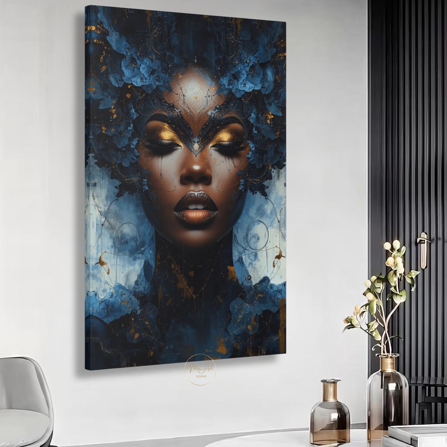 Afrocentric Black Woman Wall Art – Blue and Gold Abstract Canvas Print