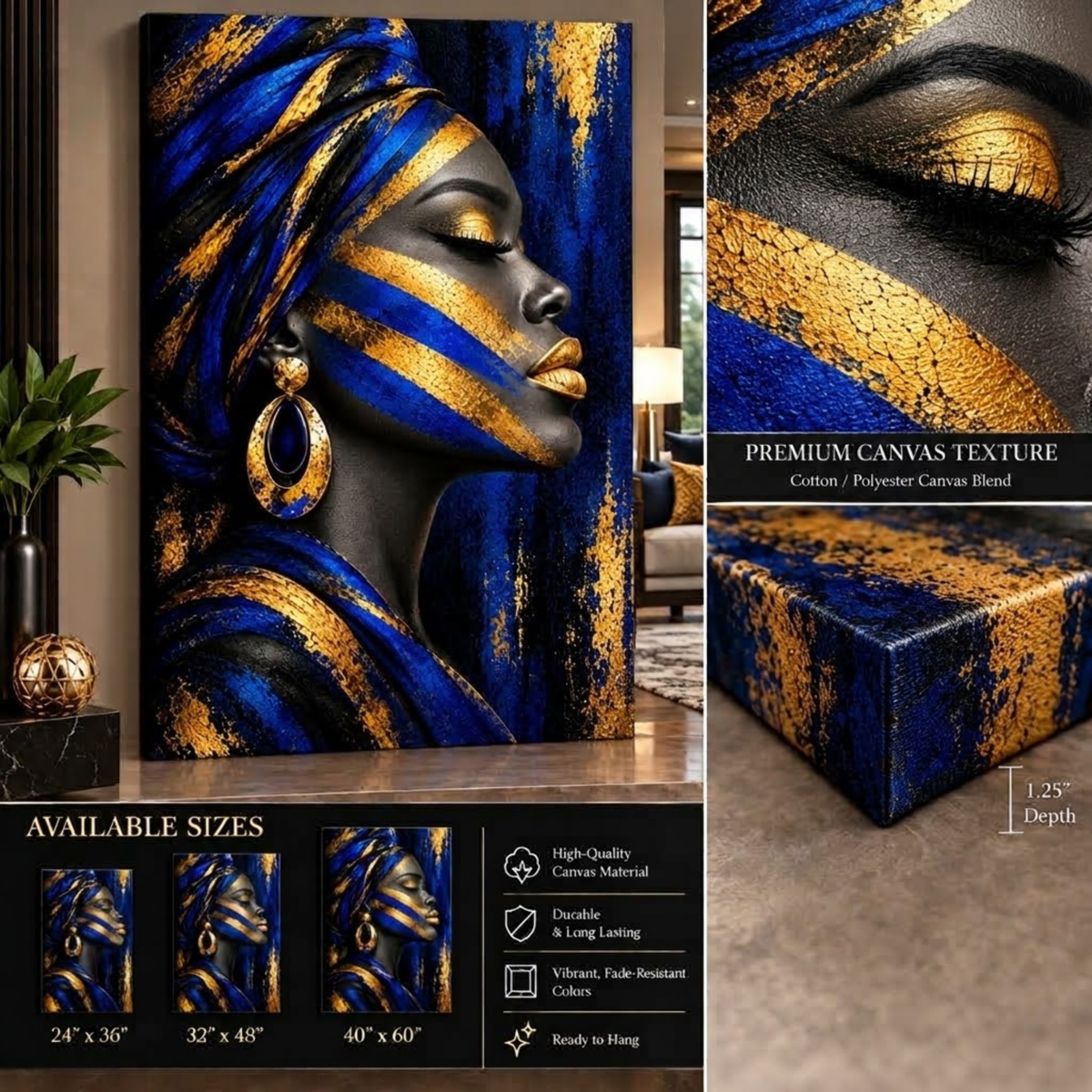 Black Woman Wall Art - Afrocentric Blue, Black & Gold Canvas Print | Luxury Home Decor