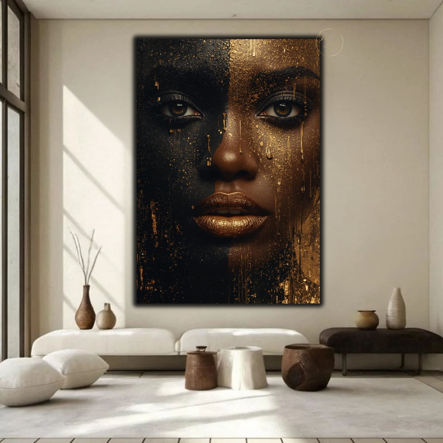 Black Woman Wall Art – Striking Gold Drip | Afrocentric Black & Gold Canvas Print