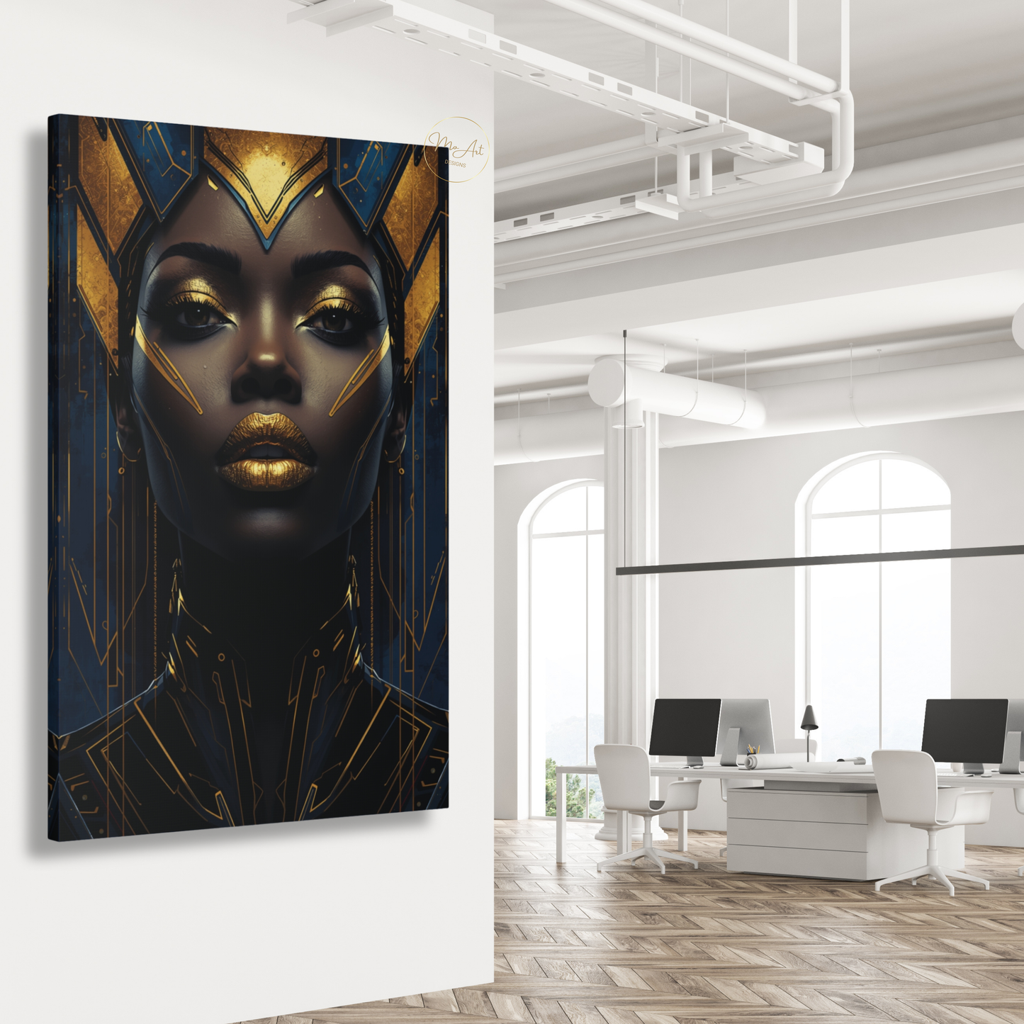 Black Woman Wall Art – Blue & Gold Afrocentric Queen Canvas Print