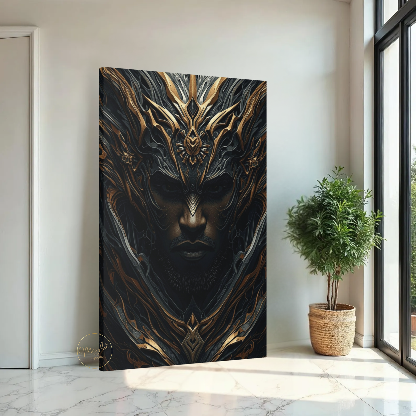 Black Warrior Abstract Art – Divine Sentinel | Black & Gold Afrocentric Wall Art / Canvas Print