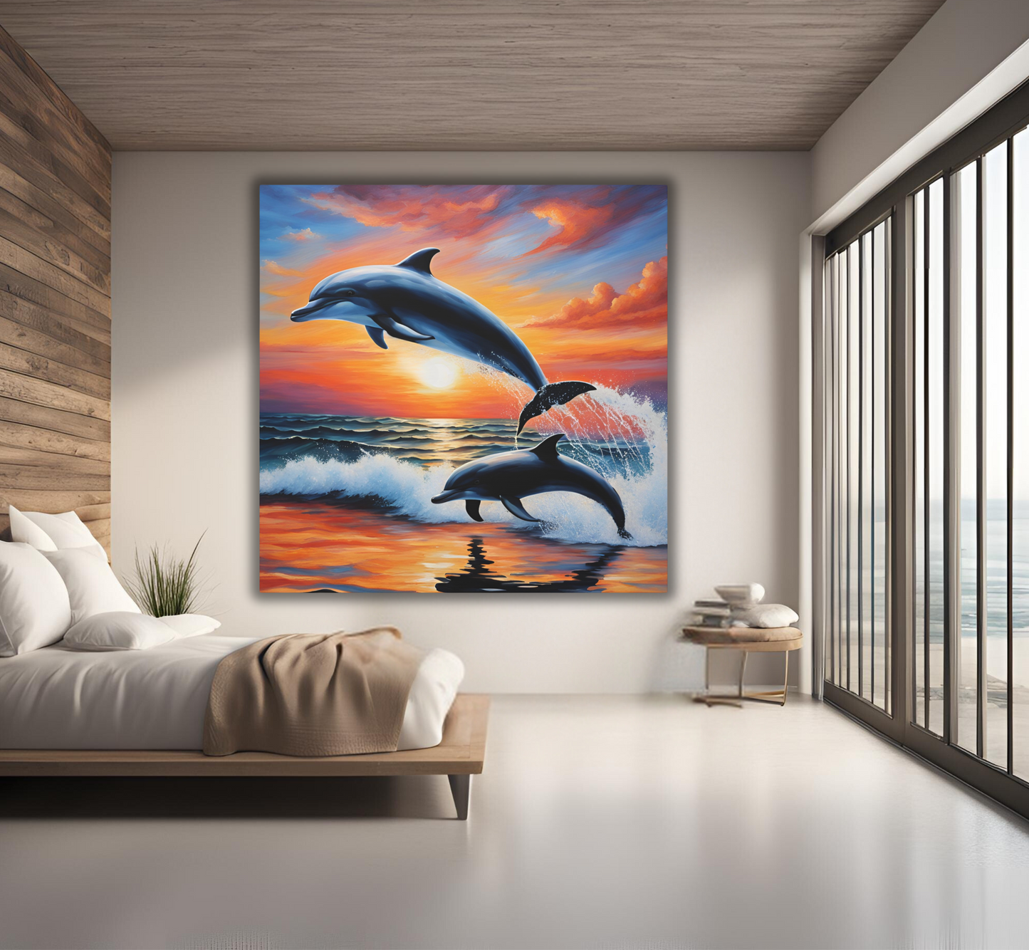 Dolphin Mother with Calf at Sunset - Canvas Wall Art