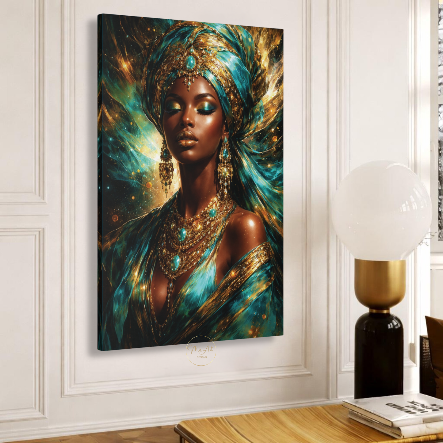 Black Woman Wall Art – Elegant Afrocentric Turquoise & Gold Abstract Canvas Print