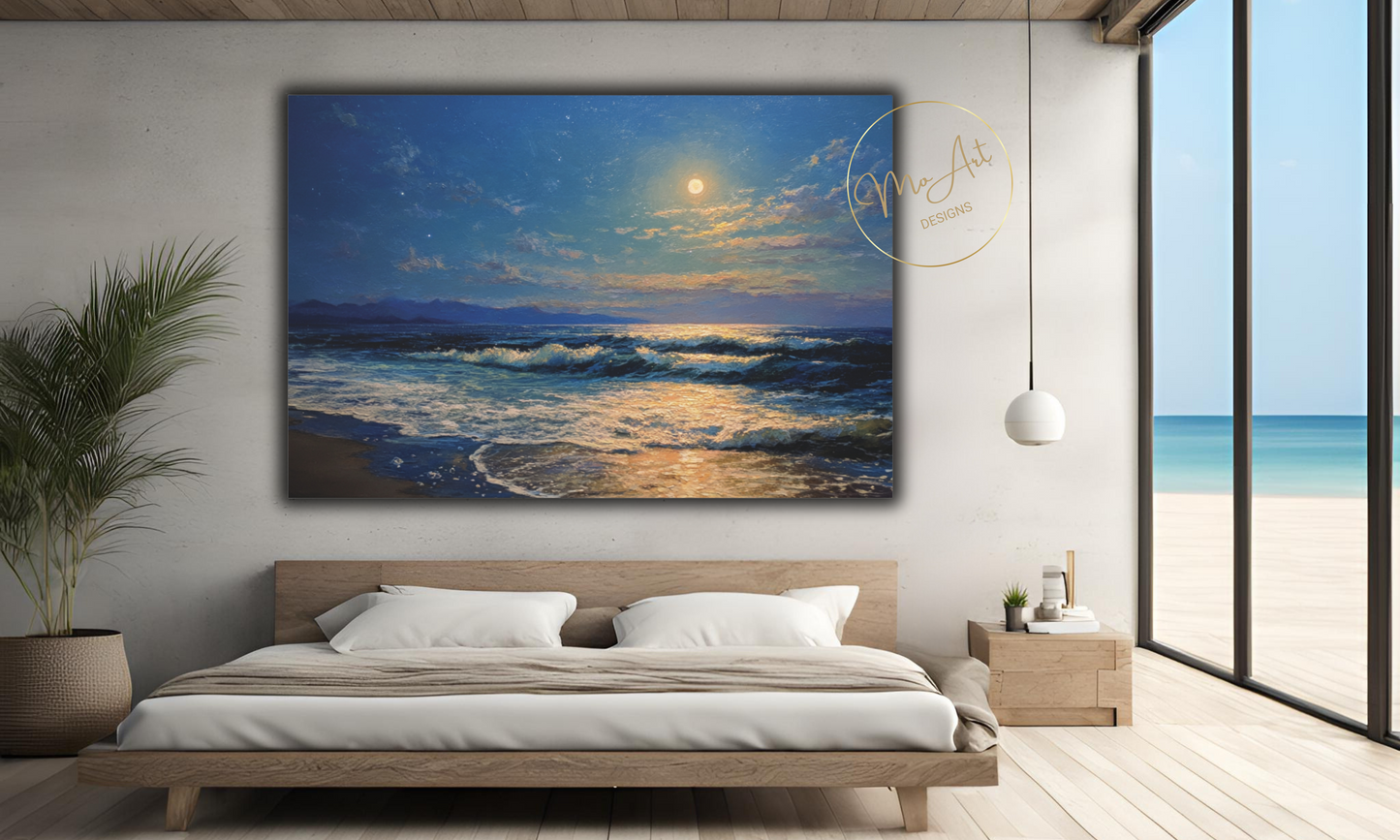 Moonlit Serenade Over Ocean Waves Canvas Wall Art