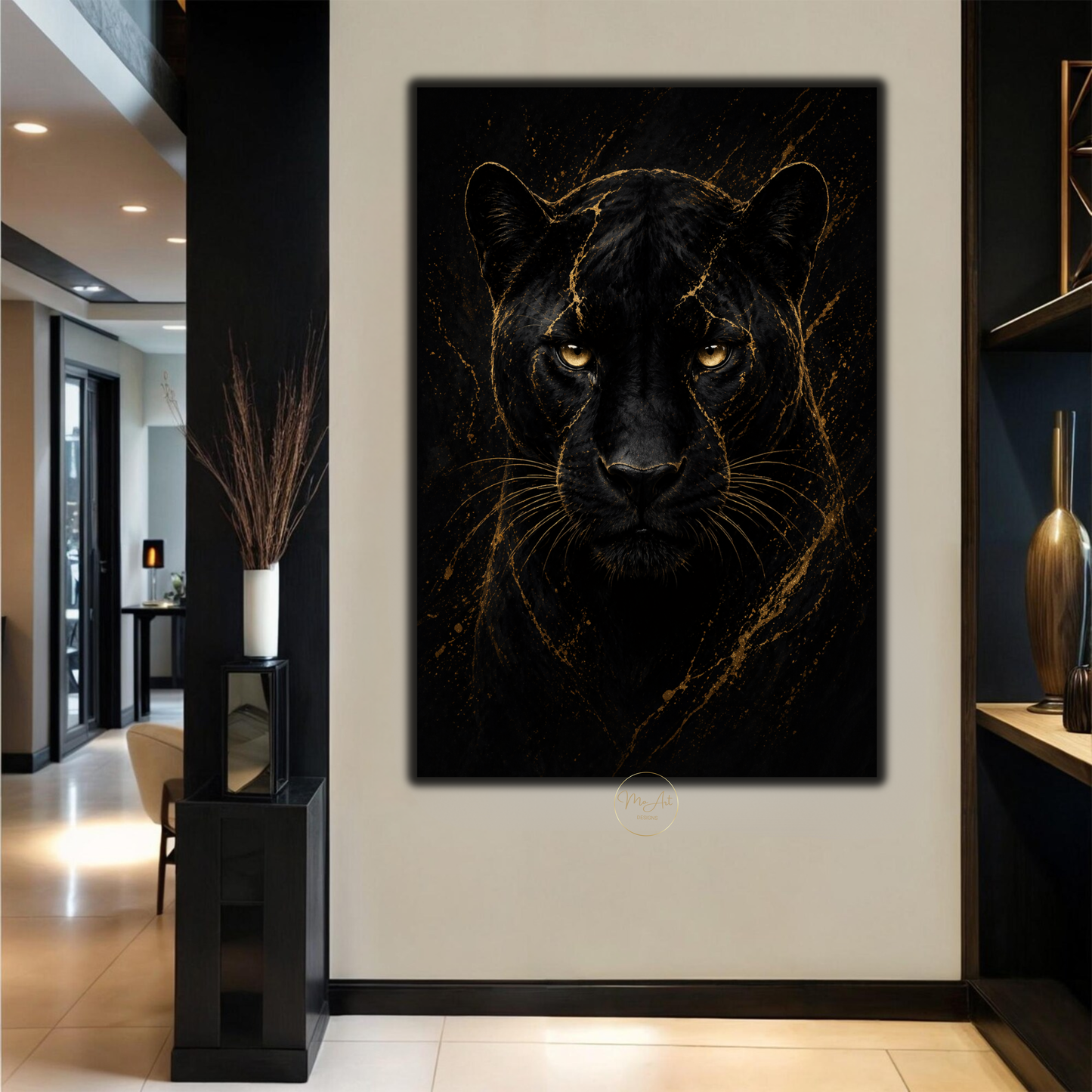 Black Panther Wall Art – Fierce Gold & Black Abstract Panther Canvas Print