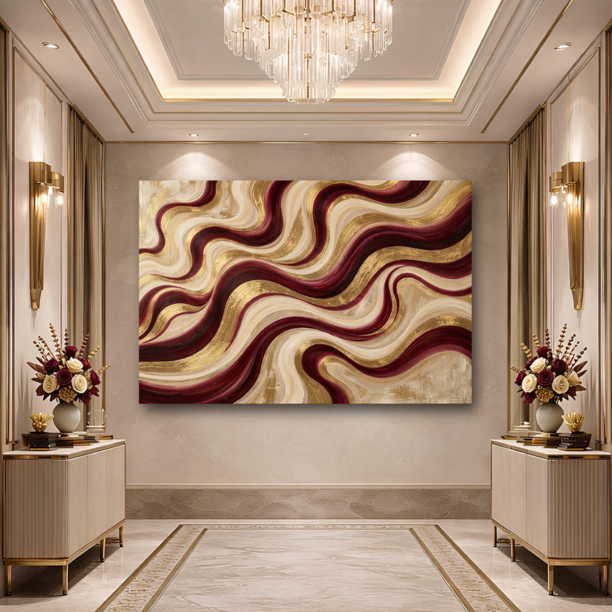 Flowing Waves – Burgundy & Gold Abstract Wall Art | Luxury Canvas Print
