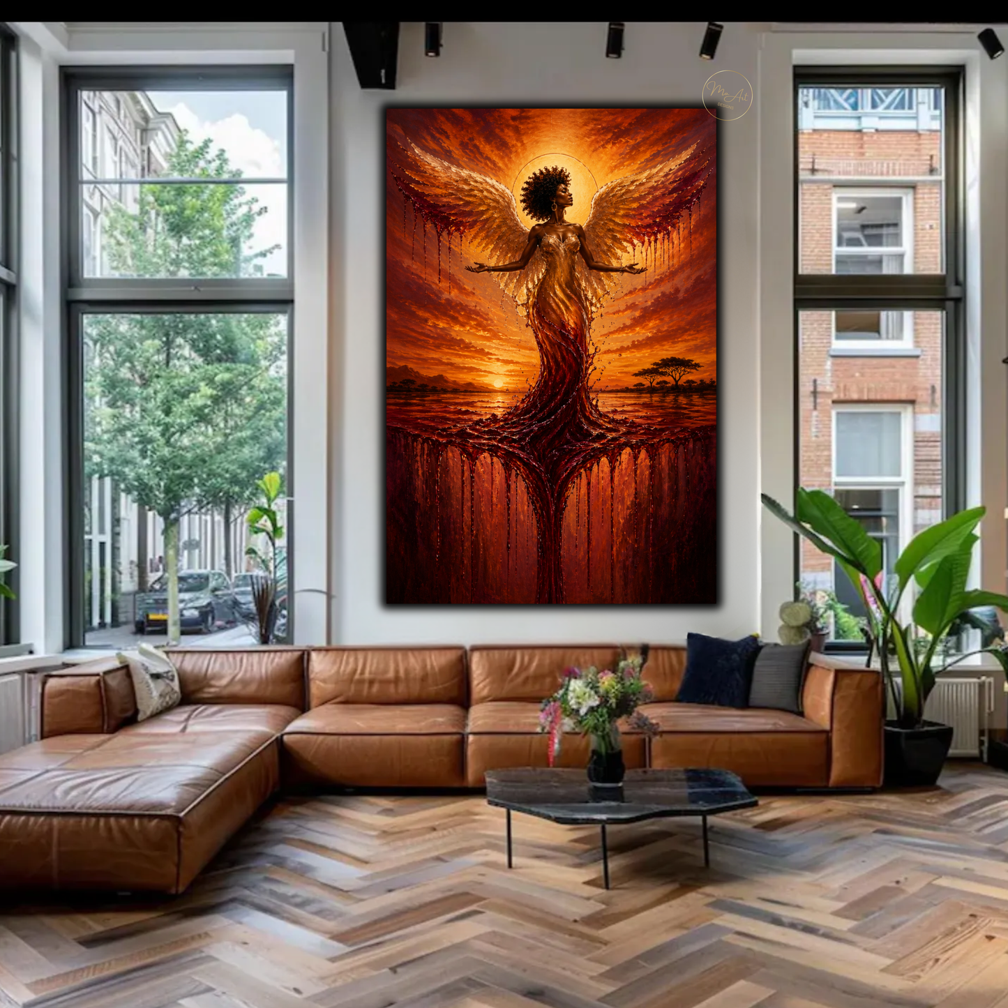 Black Woman Wall Art – Divine Angel at Sunset | Afrocentric Abstract Canvas Print