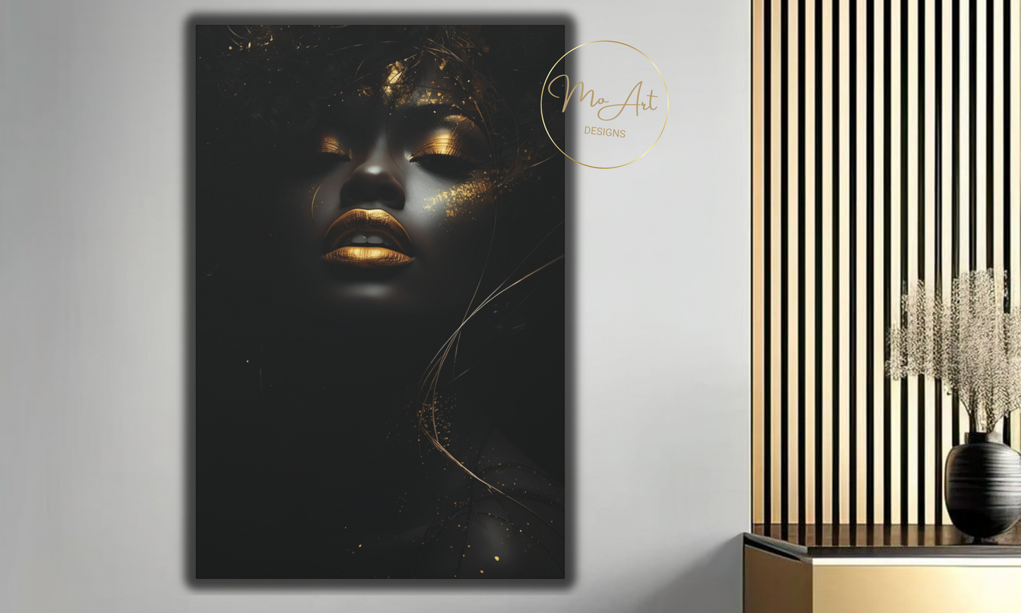 Black Woman with Gold Lips – Luxury Canvas Wall Art