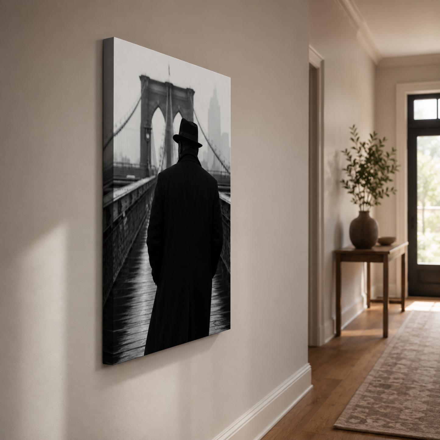 African American Man NYC Wall Art | Brooklyn Bridge Black & White Canvas Print