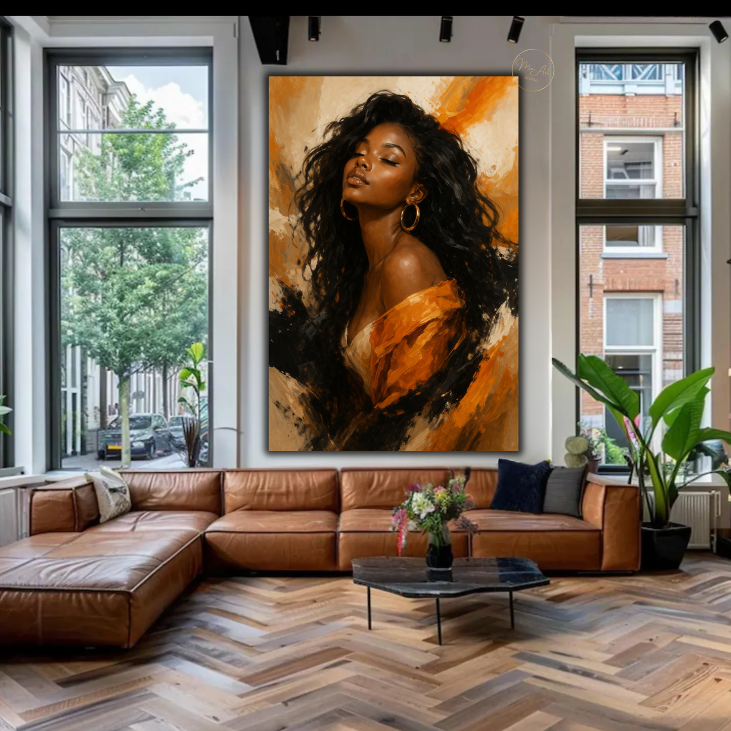 Black Woman Wall Art – Elegant Afrocentric Orange & Beige Abstract Canvas Print