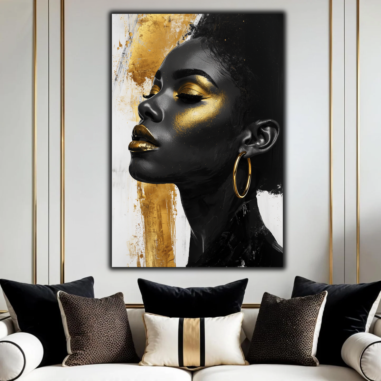Black Woman Wall Art – Afrocentric Beauty in Black, Gold & White Canvas Print | Modern Luxury Home Decor