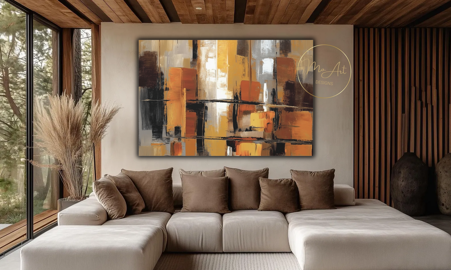 Modern Abstract Canvas Wall Art in Black, Beige, Gold & Rust
