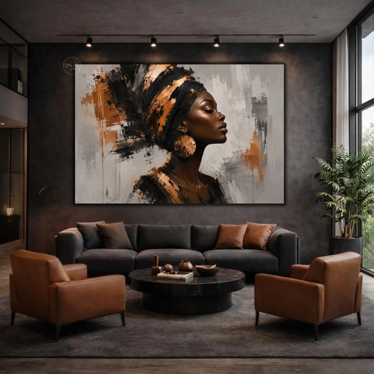Black Woman Wall Art – Opulent Black & Copper Afrocentric Abstract Canvas Print