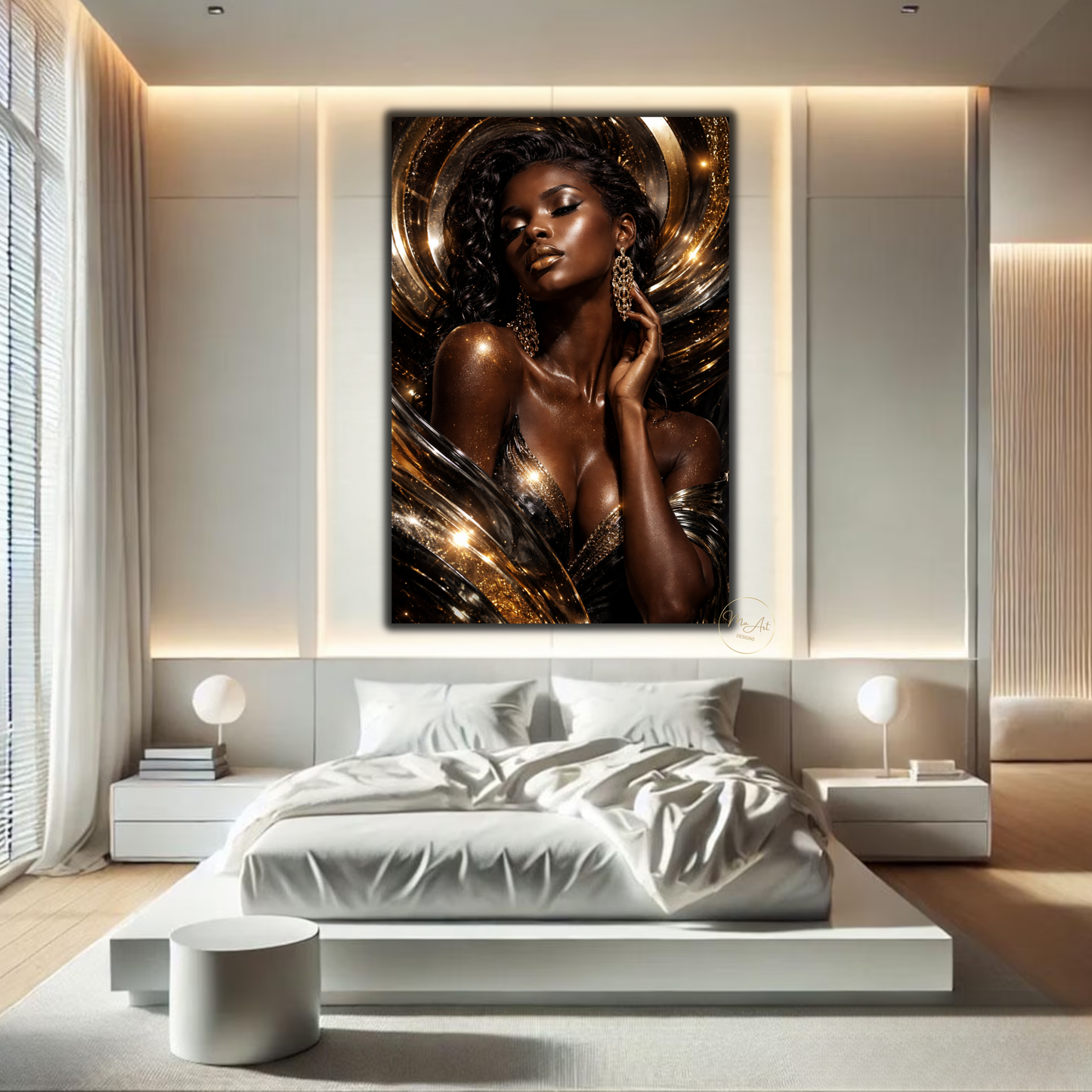 Black Woman Wall Art – Seductive Afrocentric Gold & Black Abstract Canvas Print | Elegant Luxury Home Decor