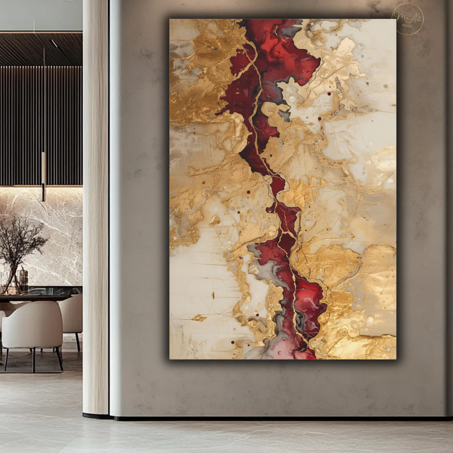 Crimson Rift – Abstract Gold Burgundy & Cream Wall Art - Vertical Canvas Print